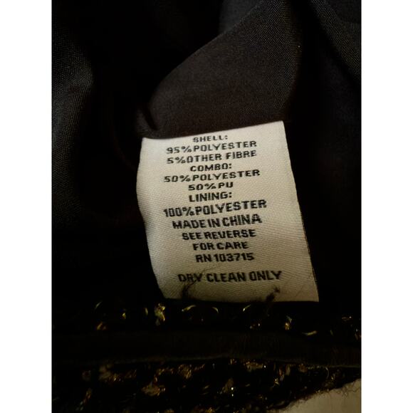 Nanette Lepore Black Gold Tweed Jacket Faux Leather Trim Buttons Sz 8 Career - Picture 9 of 11